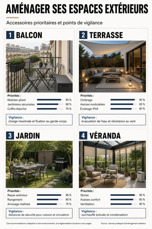 Accessoires jardin illustrant les priorités selon balcon, terrasse, jardin et véranda