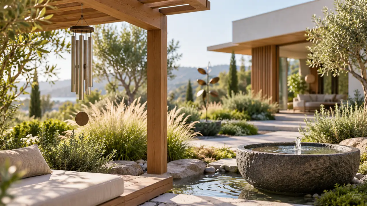 Jardin lumineux avec carillon à vent et éléments naturels propices à la détente