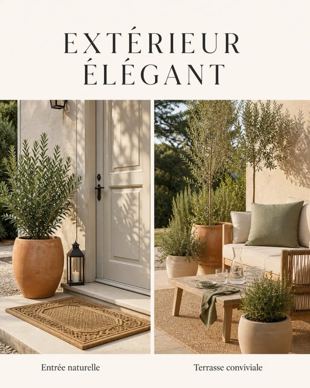 Décoration extérieure maison : entrée naturelle et terrasse conviviale en ambiance éditoriale