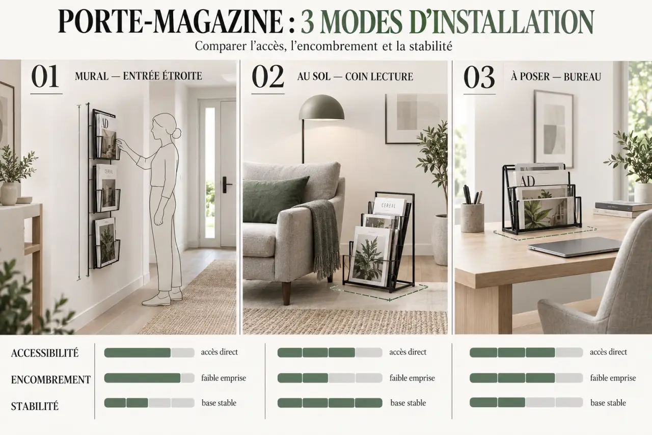 Porte magazine mural, au sol et à poser selon l'emplacement dans la maison