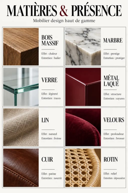 Infographie des matières et finitions du mobilier design haut de gamme