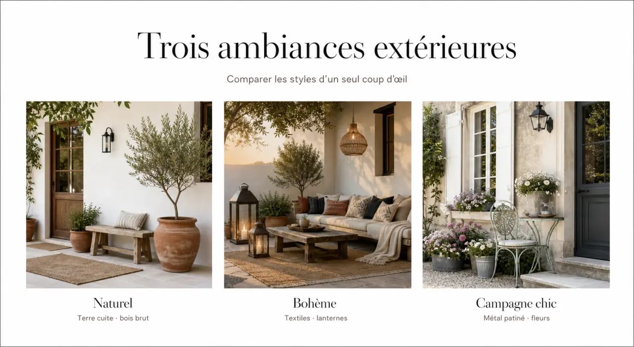 Décoration extérieure maison : comparaison visuelle des styles naturel, bohème et campagne chic