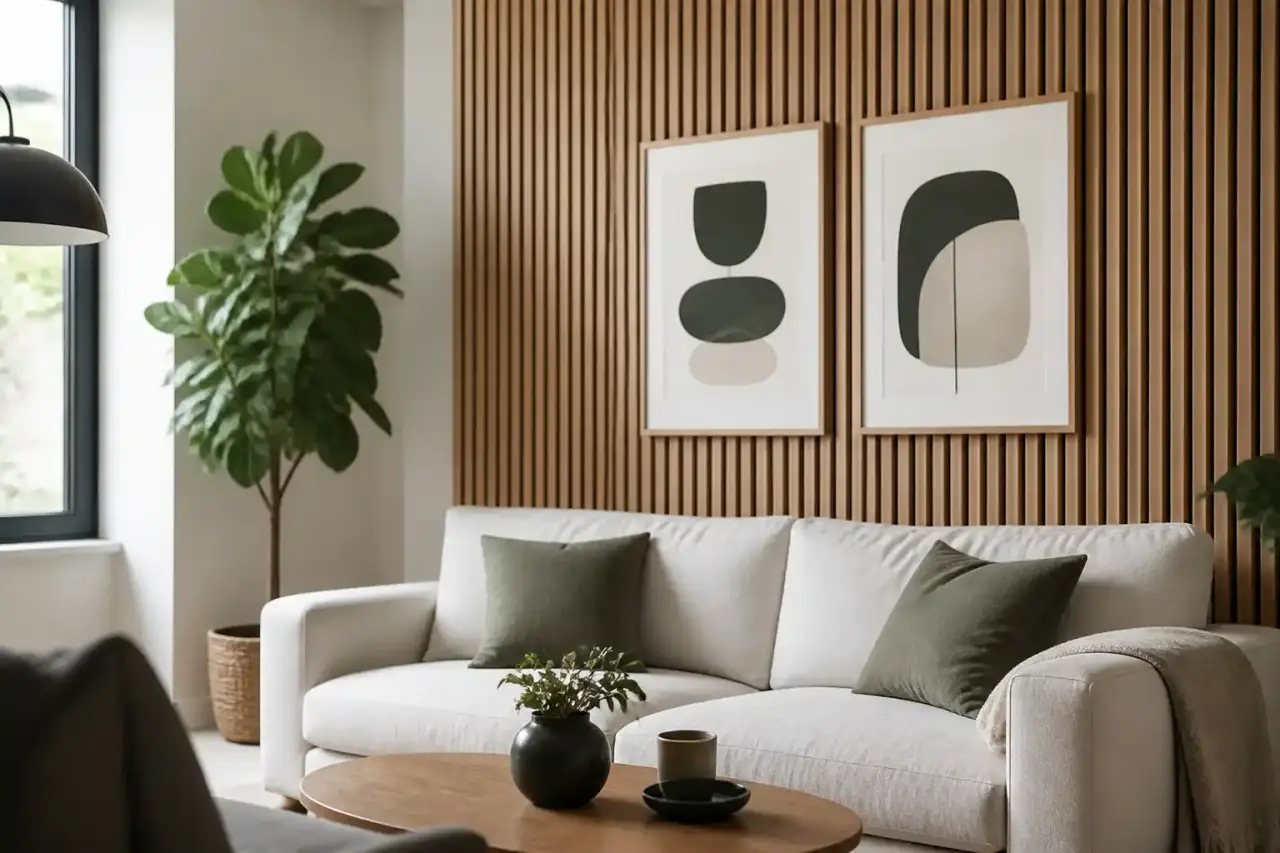 Salon chaleureux avec panneaux acoustiques décoratifs intégrés à une décoration douce et naturelle