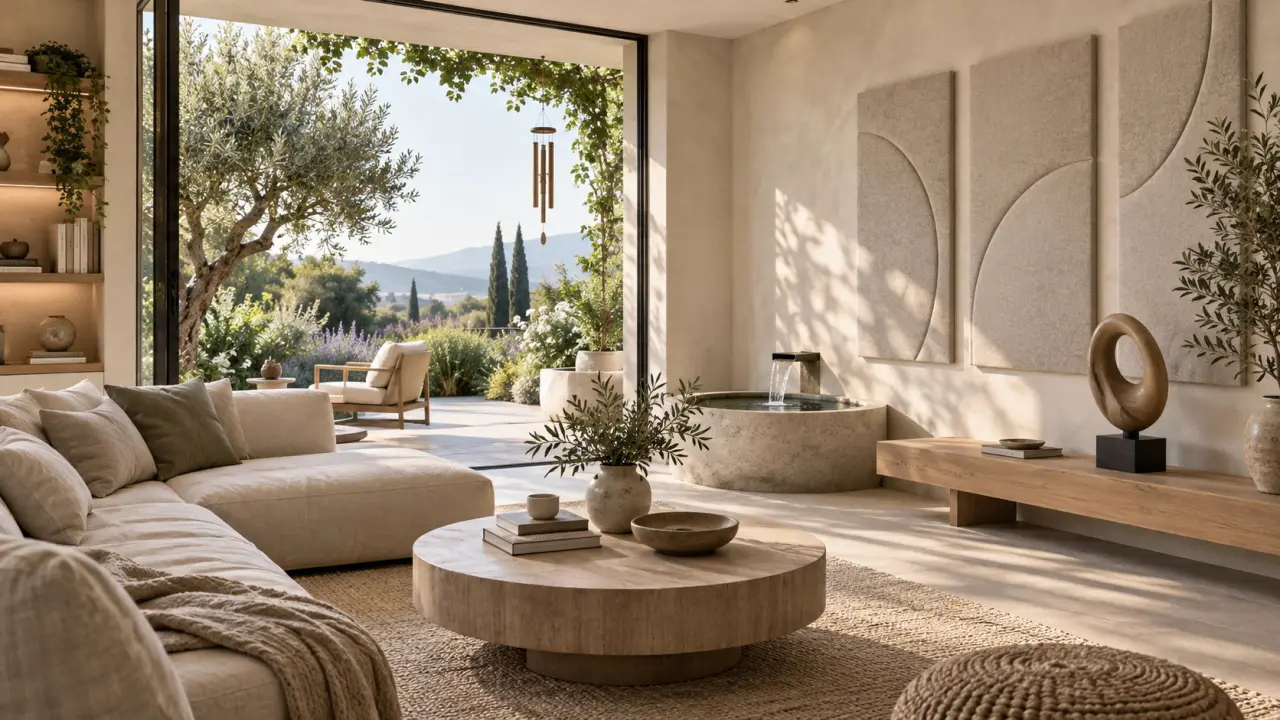 Salon lumineux ouvert sur un jardin, avec diffuseurs acoustiques en bois et carillon en bambou