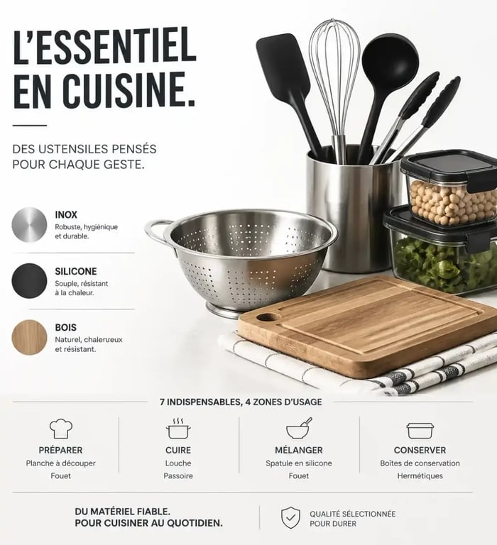Lot ustensiles de cuisine présenté en composition éditoriale avec les pièces essentielles et leurs matériaux