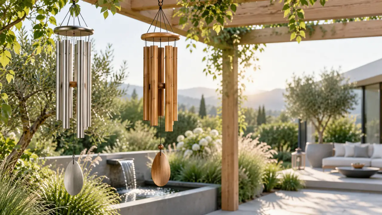 Carillon en métal et carillon en bois suspendus dans un jardin lumineux