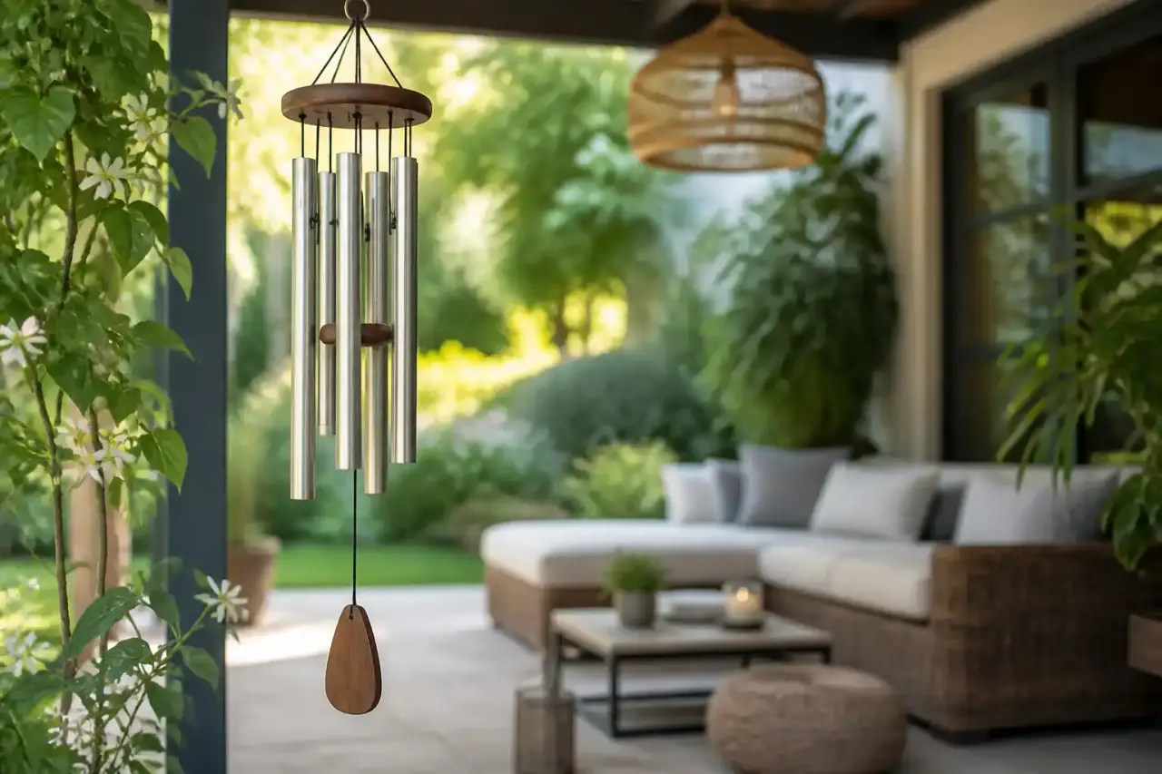 Carillon à vent suspendu sur une terrasse lumineuse entourée de plantes