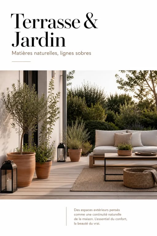 Accessoires jardin dans une terrasse décorée avec pots, lanternes et tapis d'extérieur