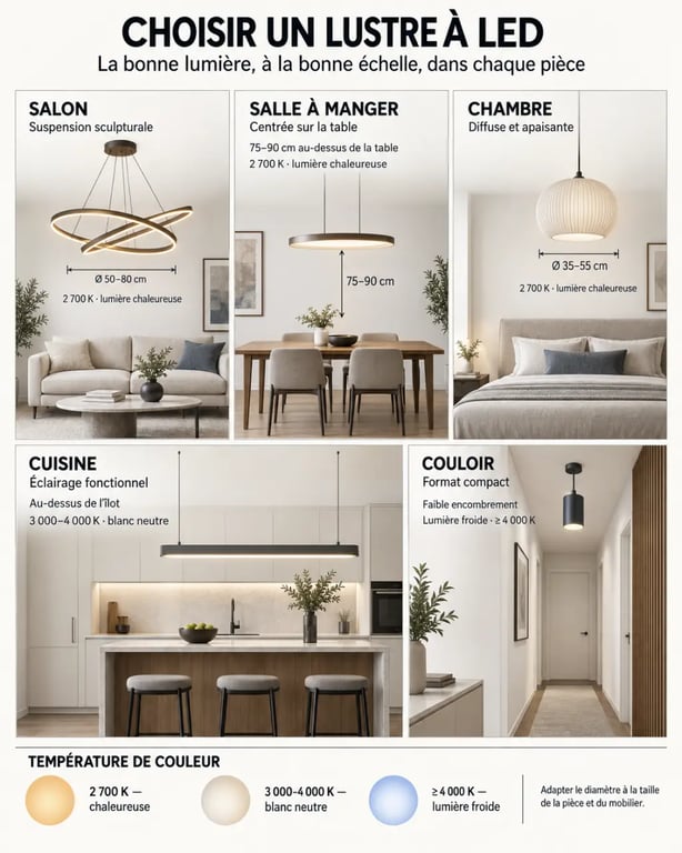 Lustre à LED : repères de choix selon la pièce, la température de couleur et la hauteur