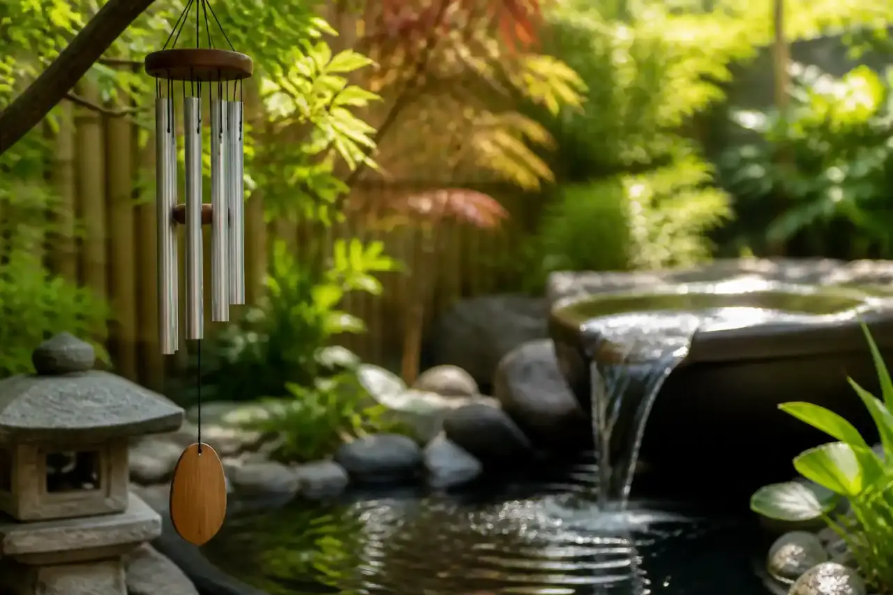 Jardin lumineux avec carillon en bambou et petite eau apaisante