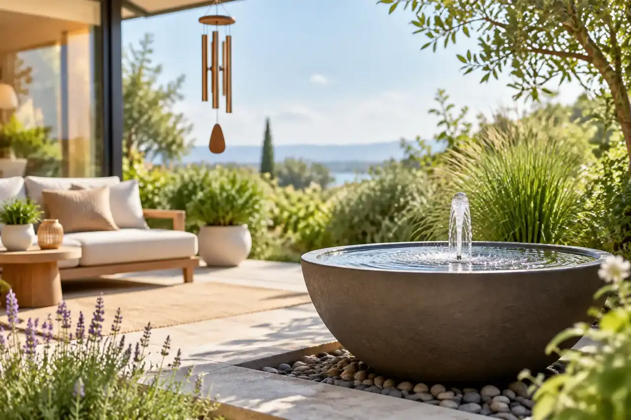 Fontaine sonore installée dans un jardin apaisant, entourée de plantes et de galets