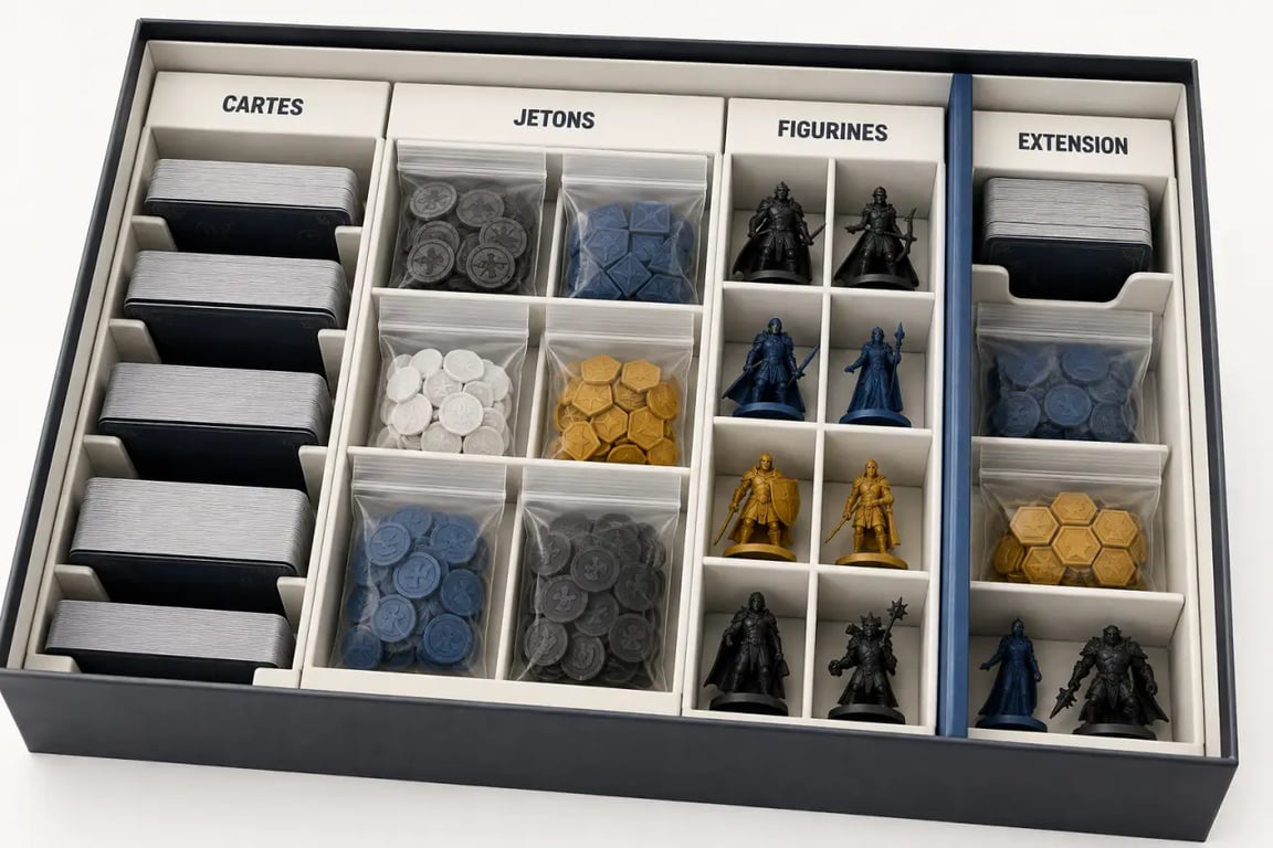 Idée rangement jeux de société avec cartes, jetons et sachets bien séparés