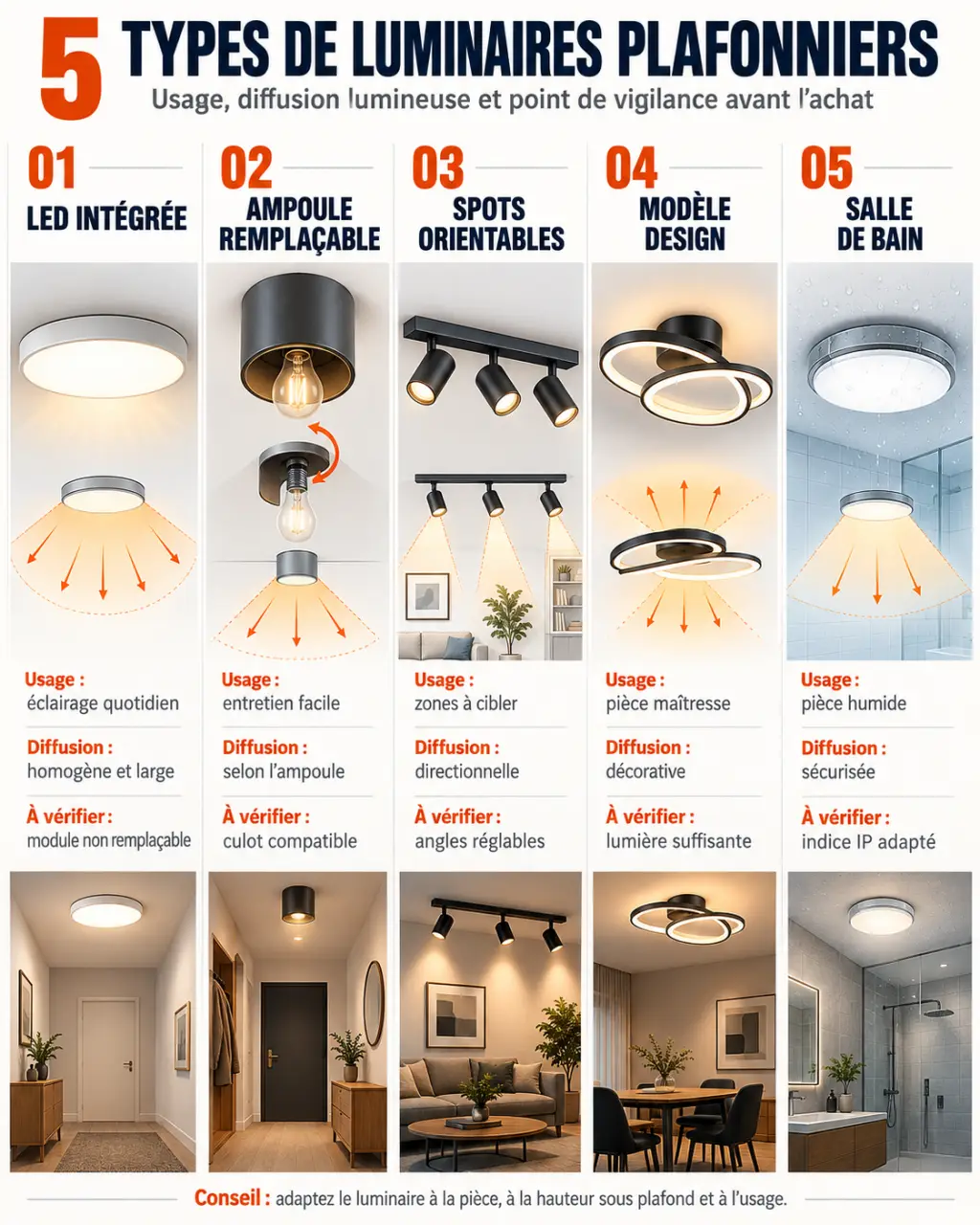 Infographie comparative des types de luminaire plafonnier LED, spots, design et salle de bain